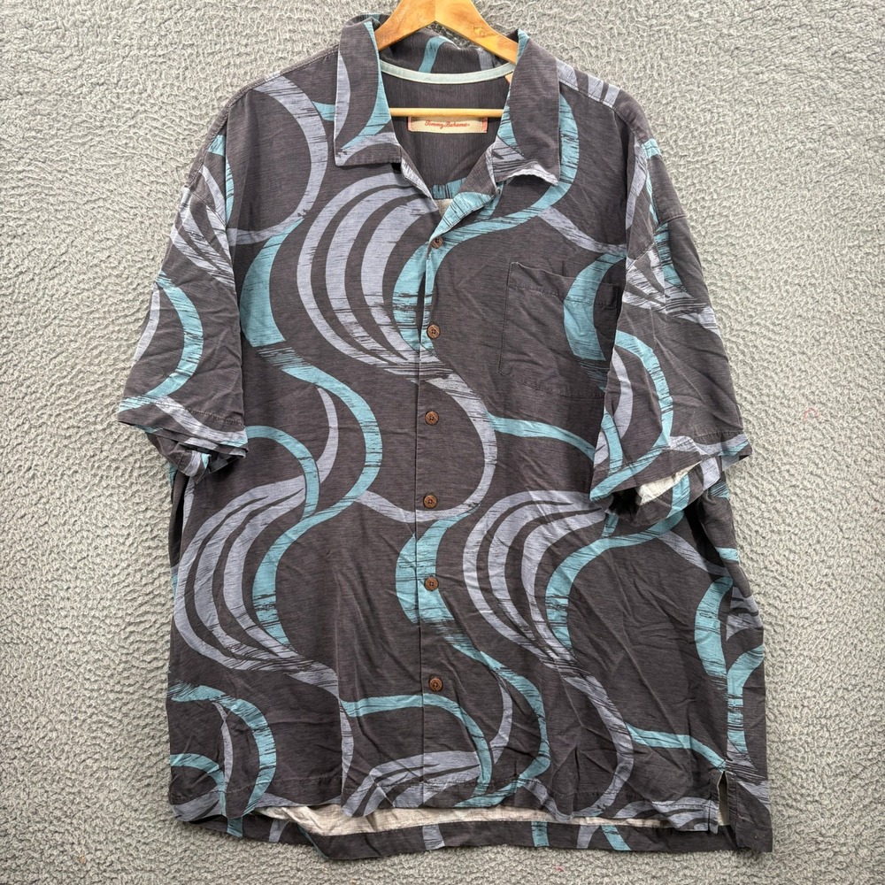 Tommy Bahama Button Up Shirt Mens XXL Grey Blue Silk Swirl Print Short Sleeve